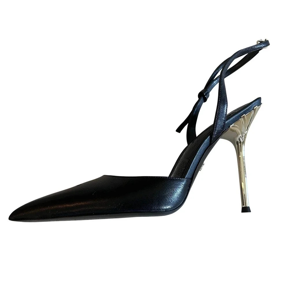 Sam Edelman Womens Black Leather Pointed Toe Slingback Gold Stiletto Heels 9.5